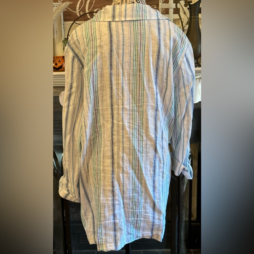 Habitat Asymmetrical Striped Artsy Lagenlook Button Up Blouse Linen Blend Large - Picture 5 of 7